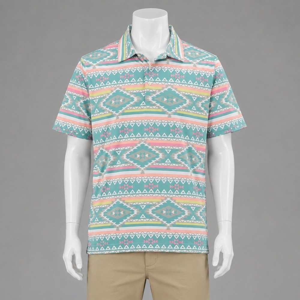 Chubbies Men's XL Aztec Geometric Print Polo Shirt Teal Pink Short Sleeve Shirts